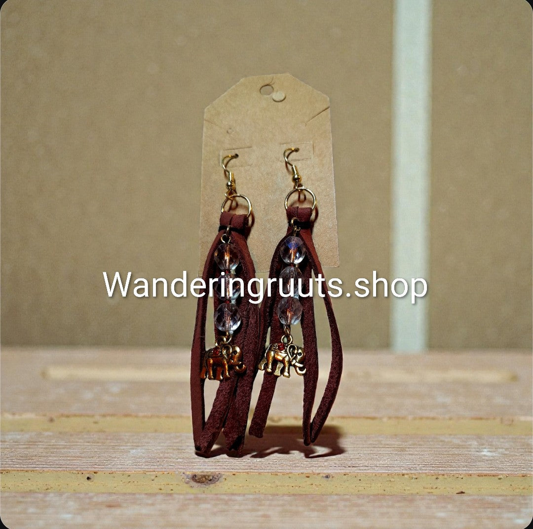 Golden💫Elephant🐘& Copper Filled Beads/Leather Fringe Earrings