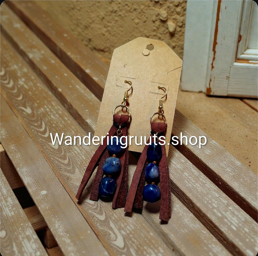 Blue💙Sodalite & Gold Accents/Leather Fringe Earrings