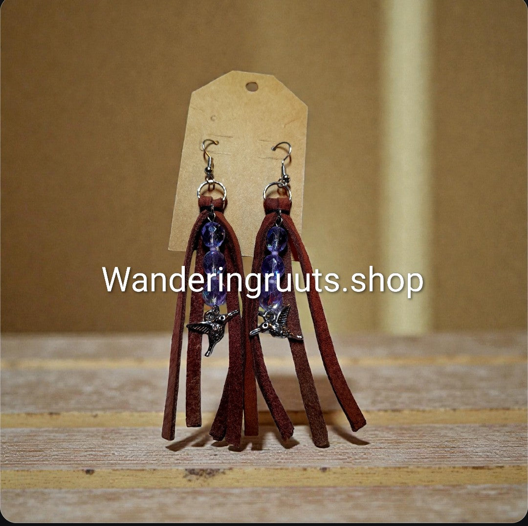 Silver Hummingbird🐦& Lavender🪻Beads/Leather Fringe Earrings