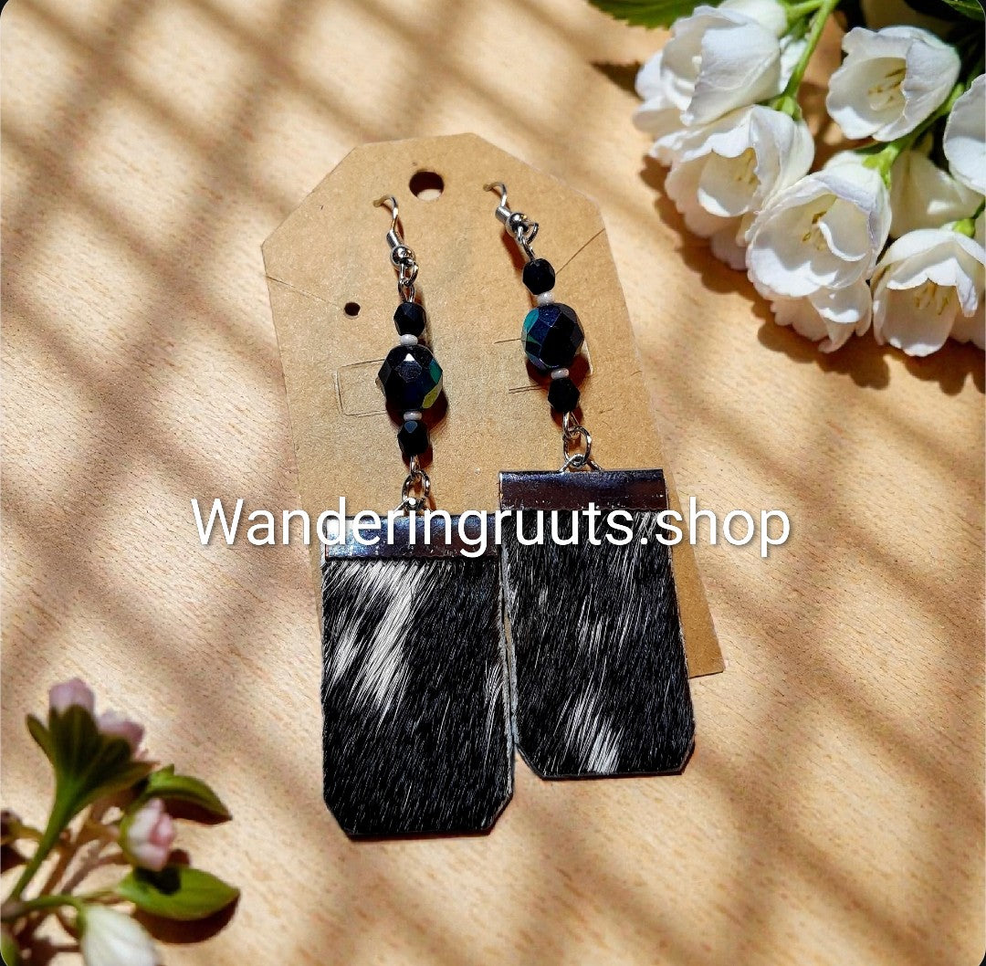 Cow🐮Hide & Black🖤Bead Earrings (real hide)